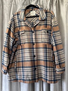 Lucky Brand Plaid Utility Jacket in Cream, Tan & Navy